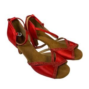TTDancewear Women Size 8 Red Glitter 2.5" Heel Round Toe Ankle Strap Dance Shoes